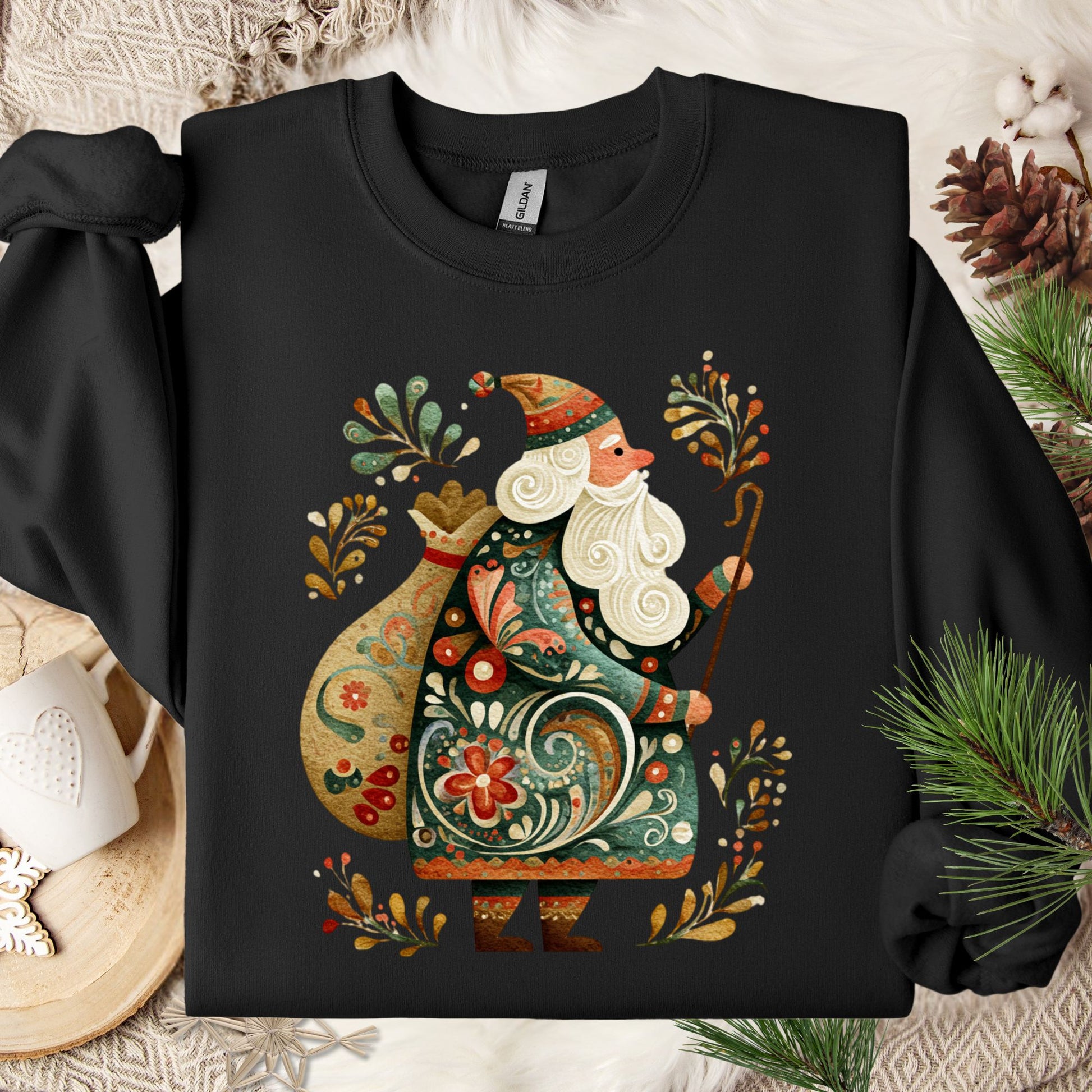 Dark Chocolate Gildan sweatshirt with a colorful folk art St. Nicholas design and festive patterns.