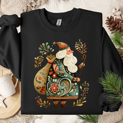 Dark Chocolate Gildan sweatshirt with a colorful folk art St. Nicholas design and festive patterns.