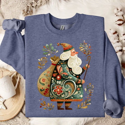Heather Sport Dark Navy Gildan sweatshirt with colorful folk art St. Nicholas design and festive patterns.