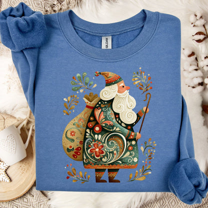 Indigo Blue Gildan sweatshirt with a colorful folk art St. Nicholas design, surrounded by festive patterns.