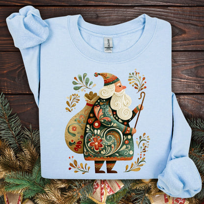 Light blue Gildan sweatshirt with a colorful folk art St. Nicholas design, surrounded by festive patterns.