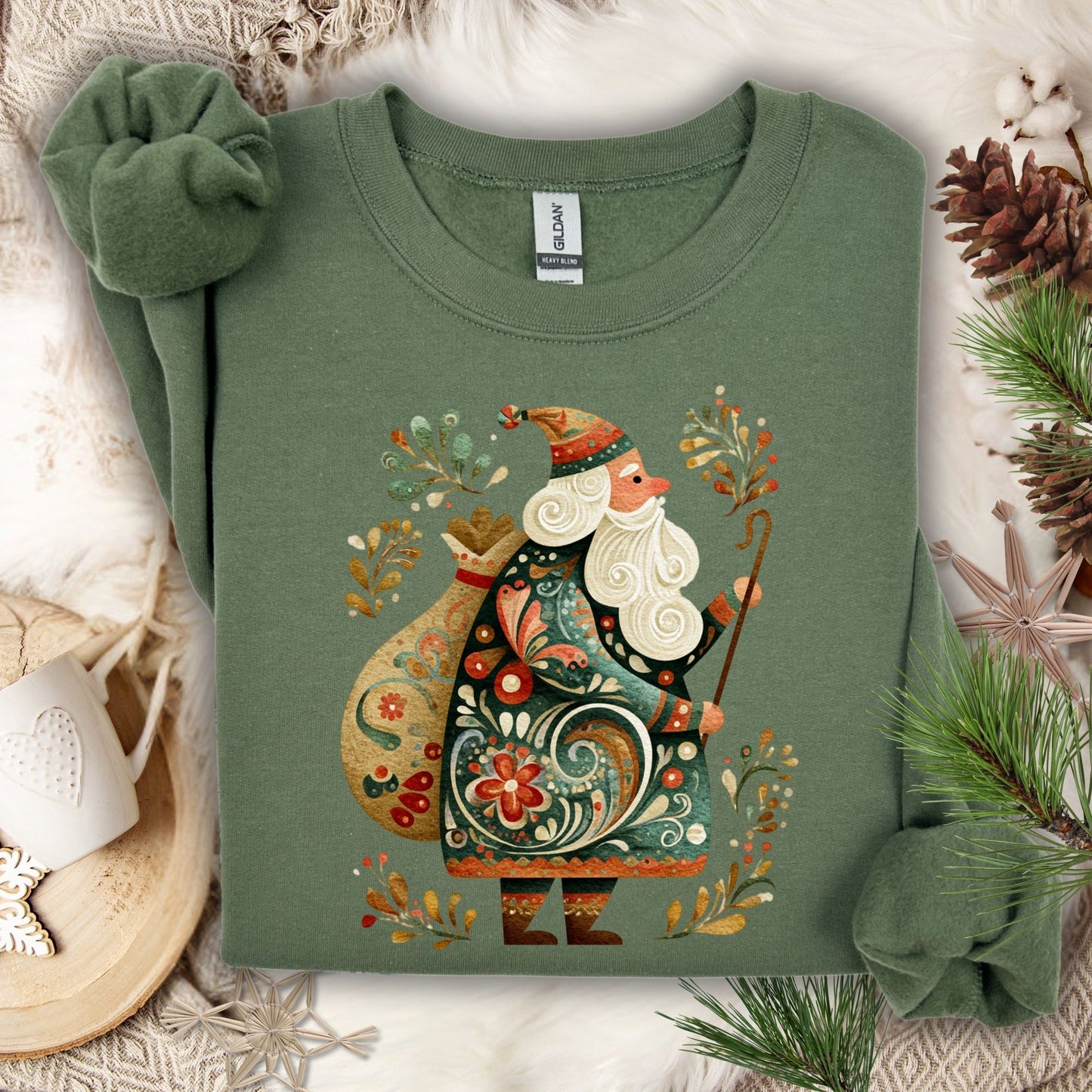 Military Green Gildan sweatshirt with a colorful folk art St. Nicholas design, surrounded by festive patterns.