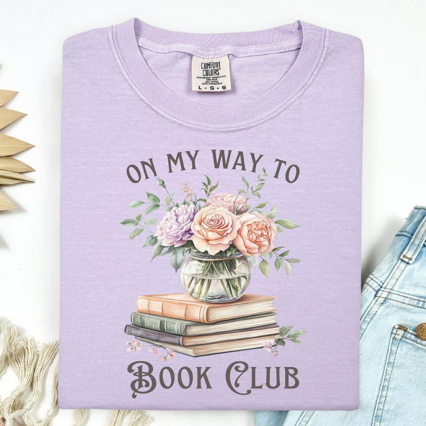 Orchid Comfort Colors t-shirt with "On My Way To Book Club" text, watercolor books, and a vase of pink flowers.