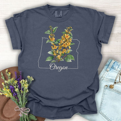 Denim S t-shirt with a white Oregon outline, "Oregon" script, and yellow Oregon Grape blossoms.