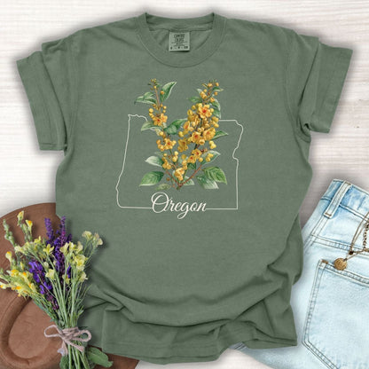 Moss green garment-dyed cotton t-shirt with a white Oregon state outline and yellow Oregon Grape blossoms.
