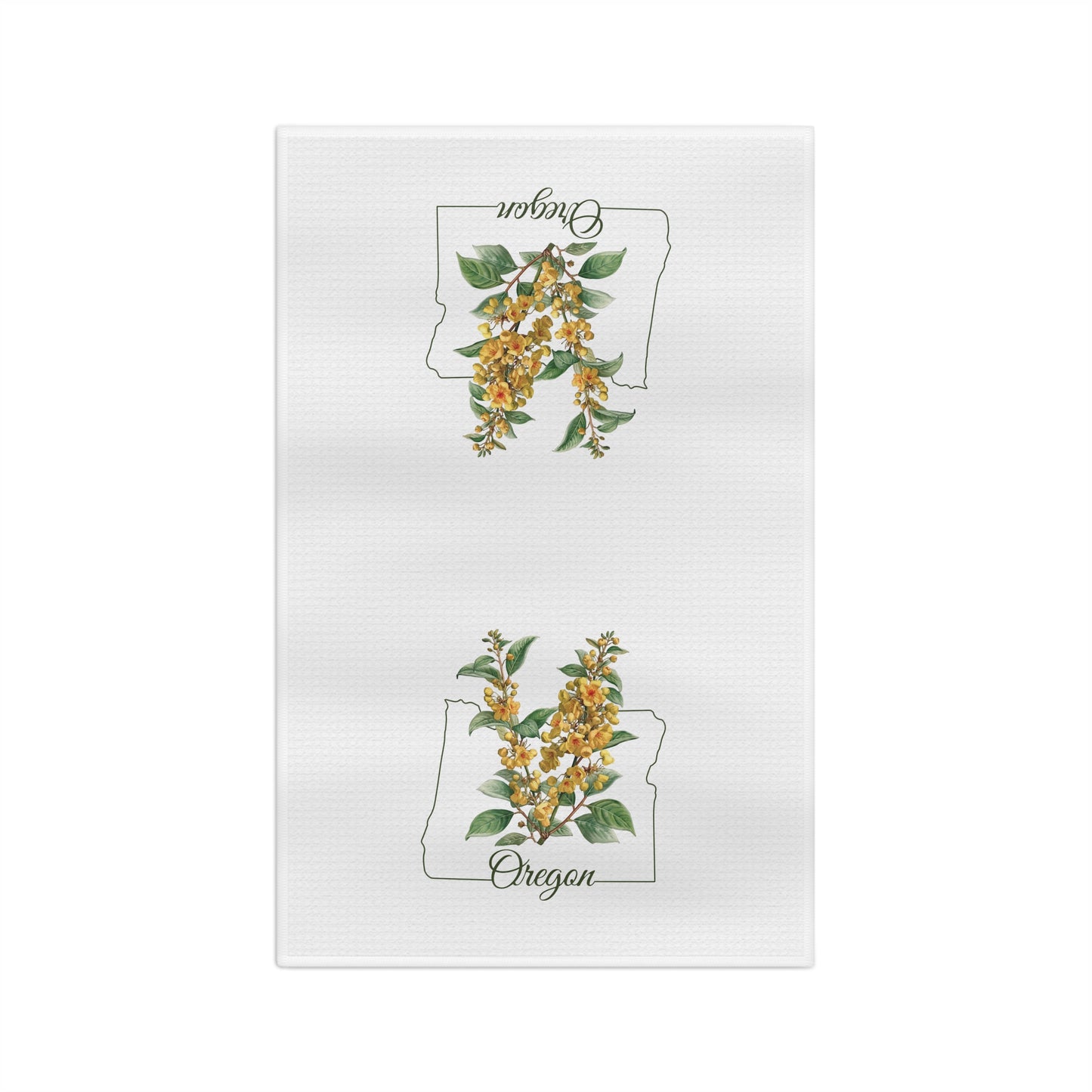 White microfiber tea towel with two Oregon state outlines framing golden Oregon Grape blossoms.