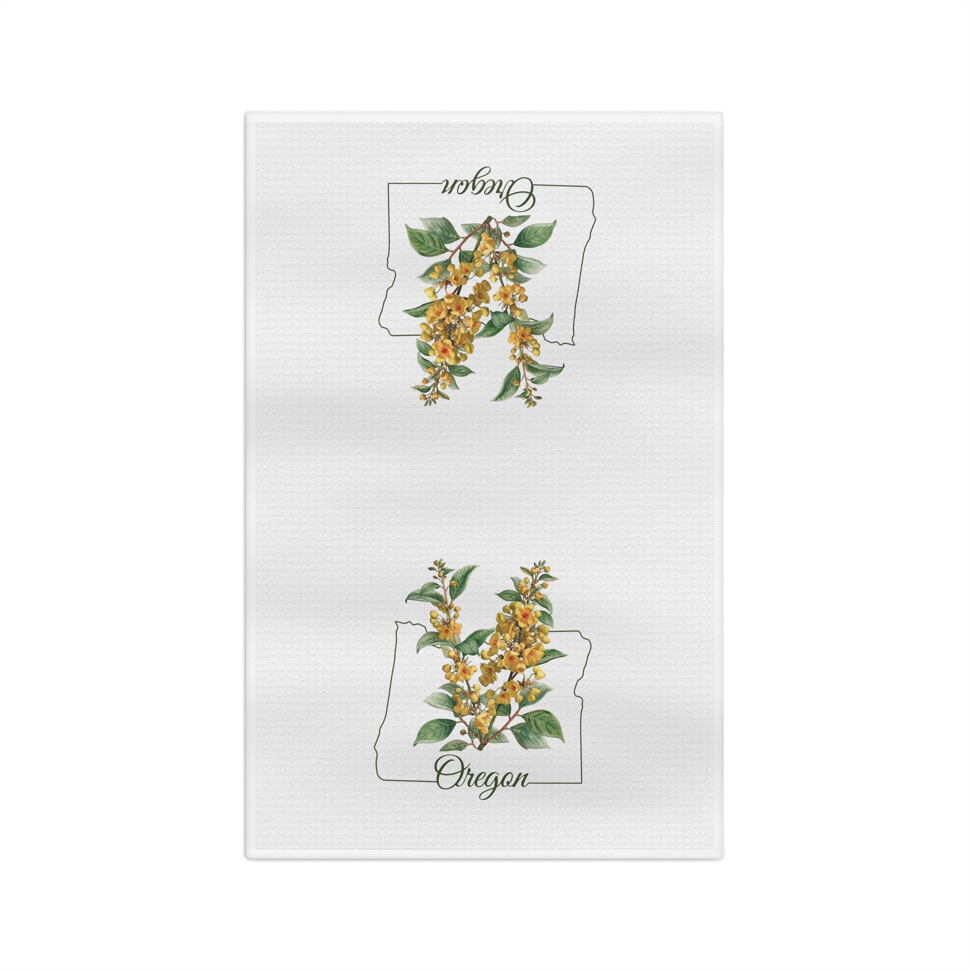 White microfiber tea towel with two Oregon state outlines framing golden Oregon Grape blossoms.