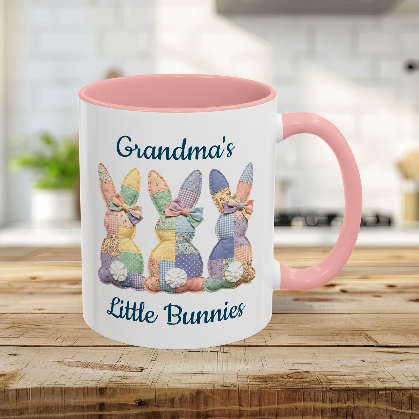 Personalized 11oz pink ceramic mug with "Grandma's Little Bunnies" and patchwork bunny design.