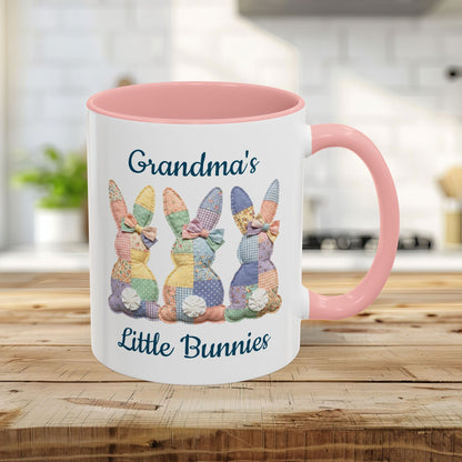 Personalized 11oz pink ceramic mug with "Grandma's Little Bunnies" and patchwork bunny design.