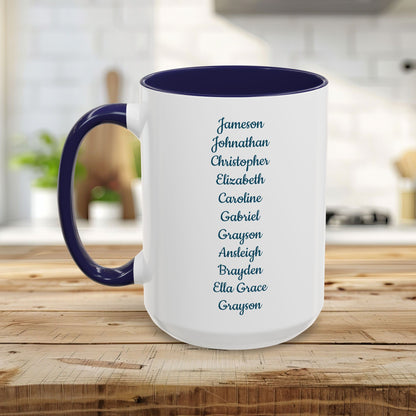 White ceramic mug with navy interior and handle, featuring a list of names in blue script.