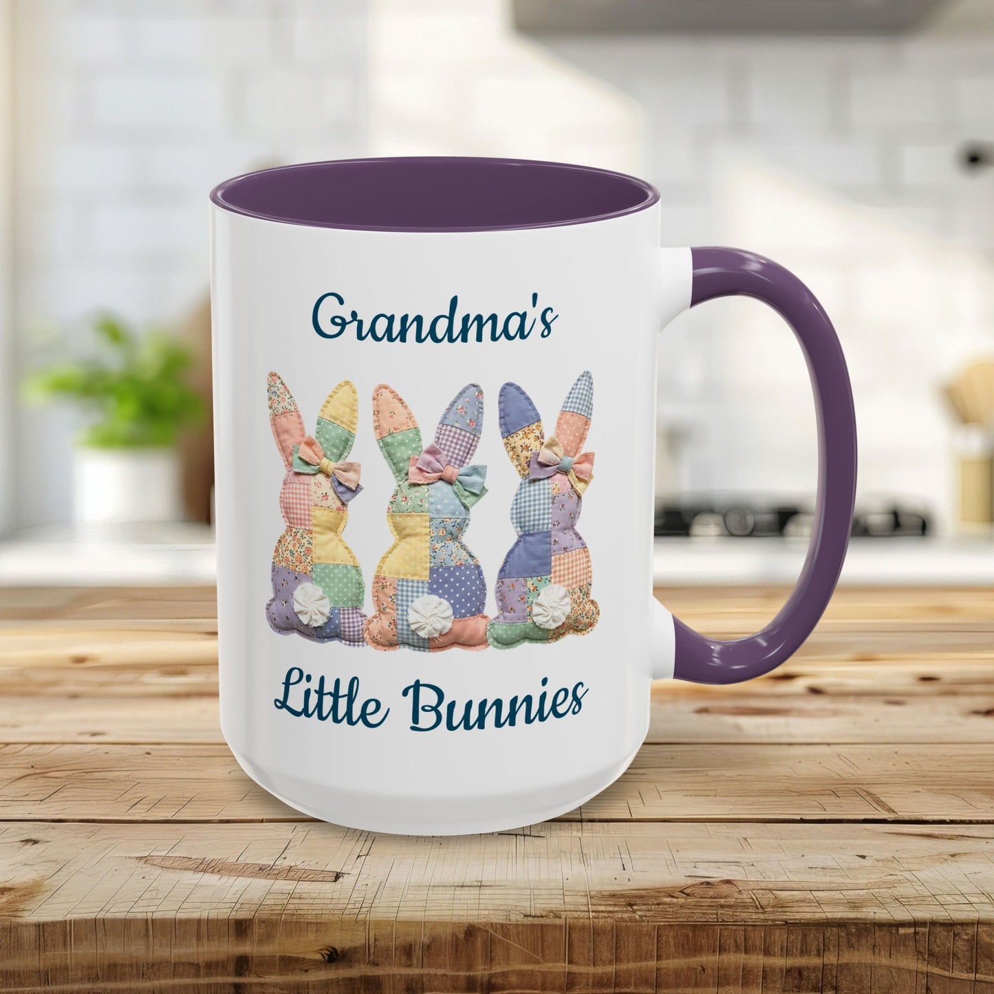 Personalized 15oz white ceramic mug with purple handle and interior, featuring "Grandma's Little Bunnies" and patchwork bunny design.