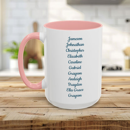 White ceramic mug with pink handle and interior, featuring a list of personalized names in blue font.