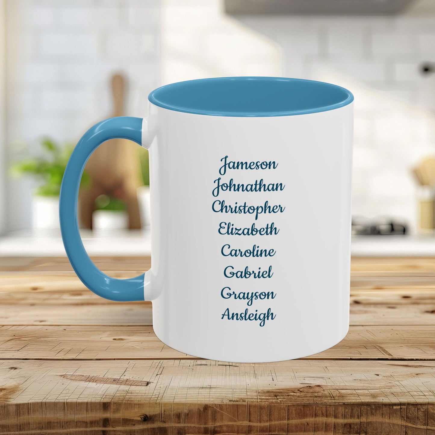 Personalized white ceramic mug with a blue handle and interior, featuring a list of names.