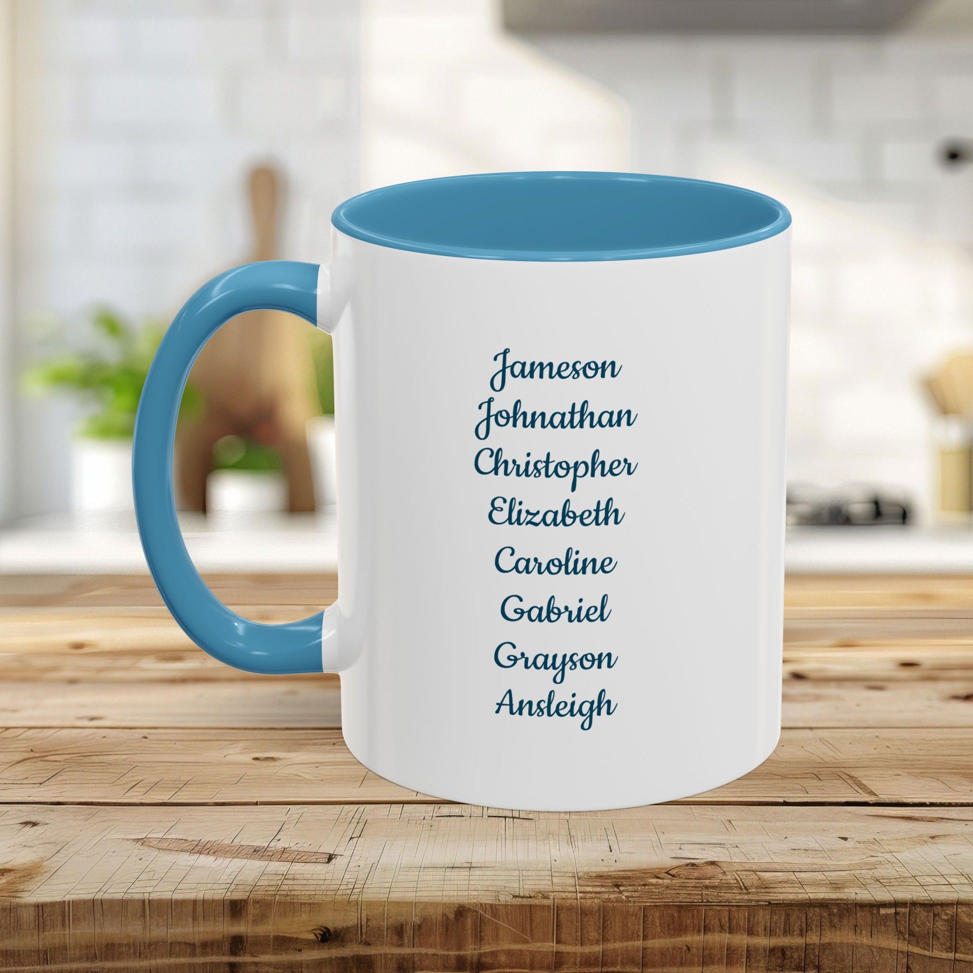 Personalized white ceramic mug with a blue handle and interior, featuring a list of names.