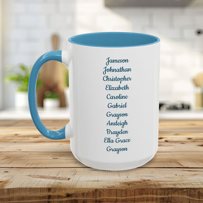 Personalized white ceramic mug with blue handle and interior, displaying a list of names.