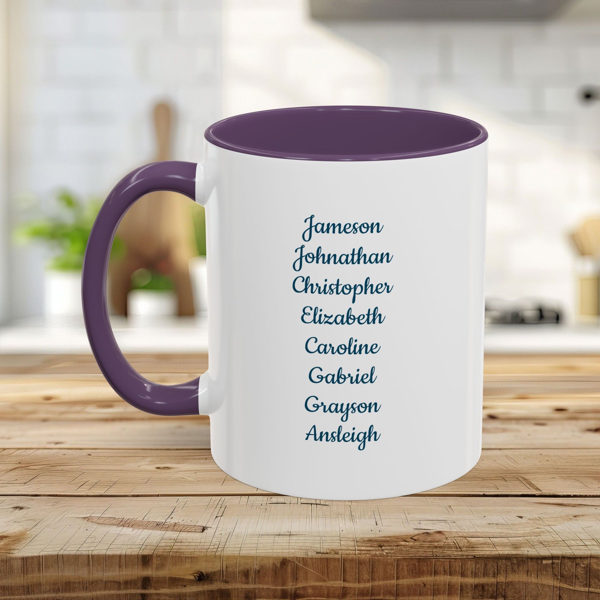 Personalized white ceramic mug with purple interior and handle, featuring a list of names in blue script.