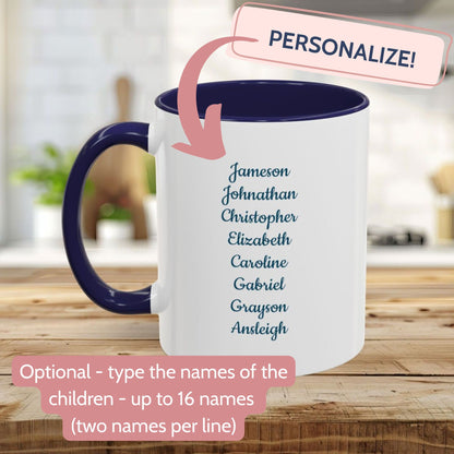 White ceramic mug with navy blue interior and handle, featuring a customizable list of names.