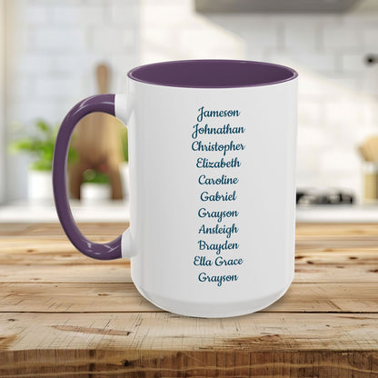 White ceramic mug with purple handle and interior, personalized with a list of names.