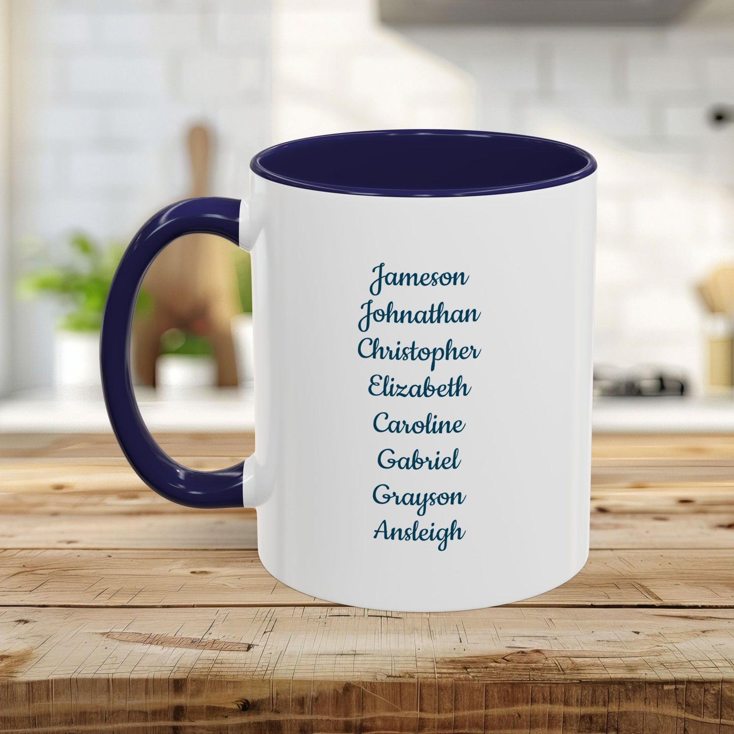 Personalized white ceramic mug with a navy handle and interior, featuring a list of names.