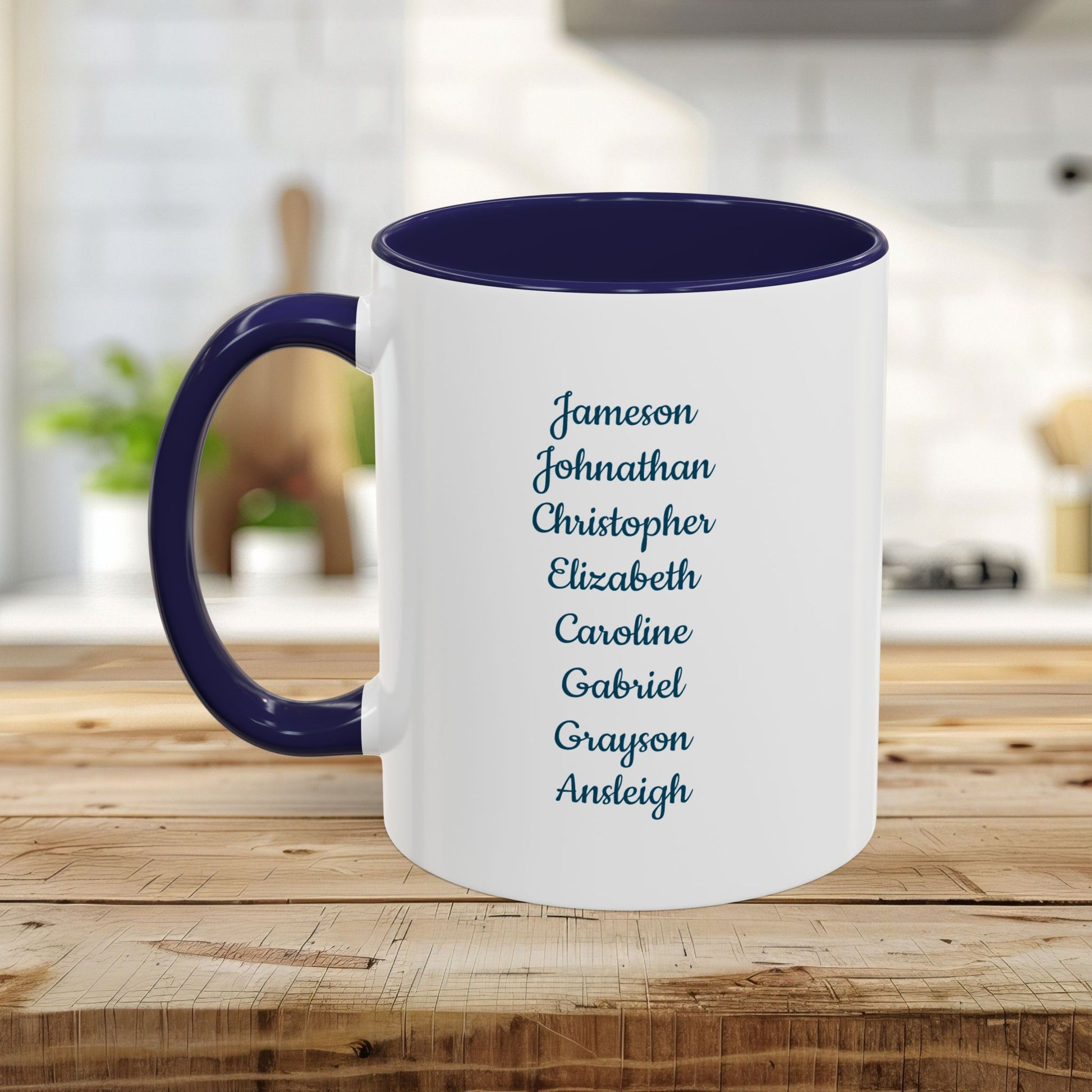 Personalized white ceramic mug with a navy handle and interior, featuring a list of names.
