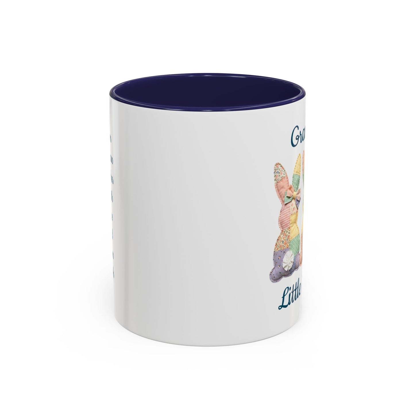 White ceramic mug with navy interior and handle, featuring a patchwork bunny design and "Grandma's Little Bunnies.