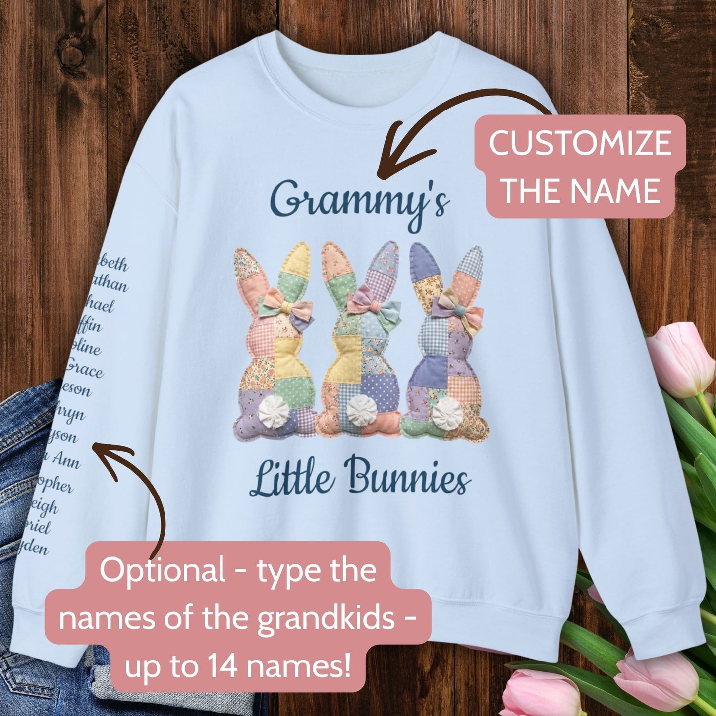 PERSONALIZE "Grandma's Little Bunnies" Pastel Faux Patchwork Easter Sweatshirt