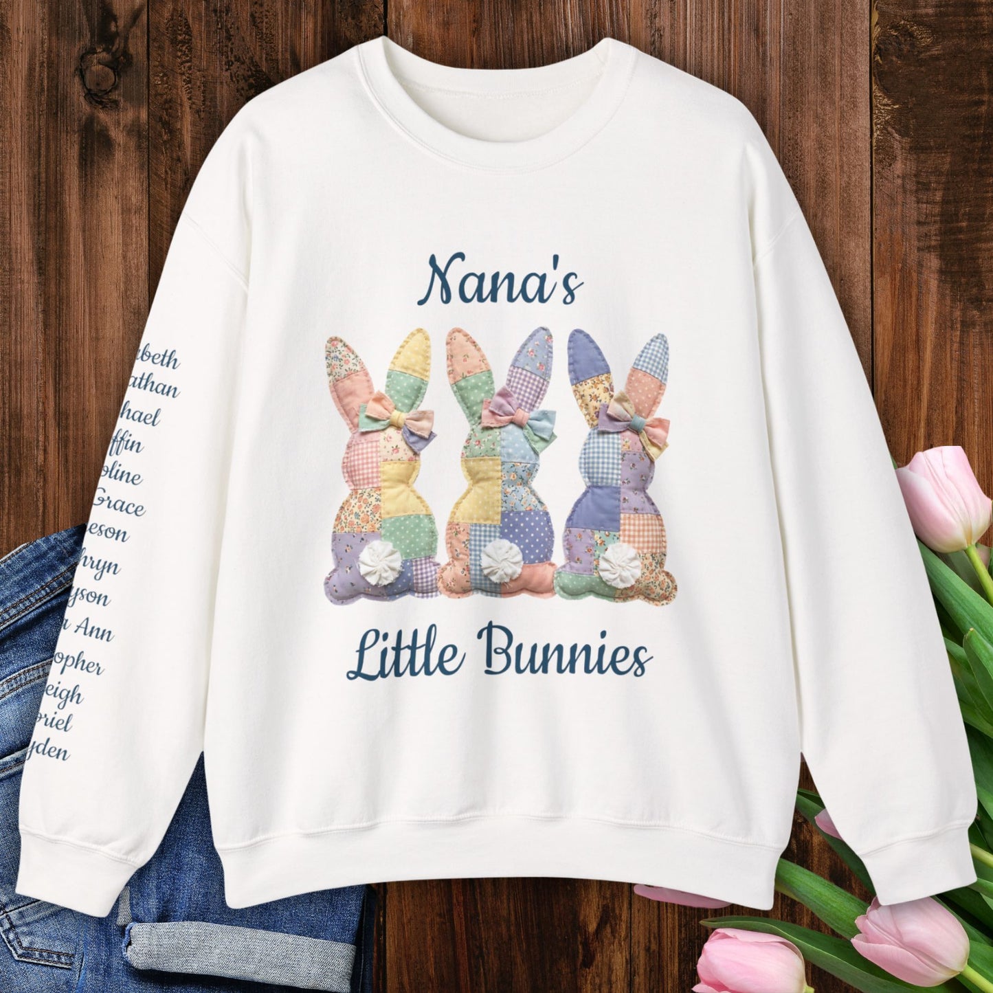 PERSONALIZE "Grandma's Little Bunnies" Pastel Faux Patchwork Easter Sweatshirt