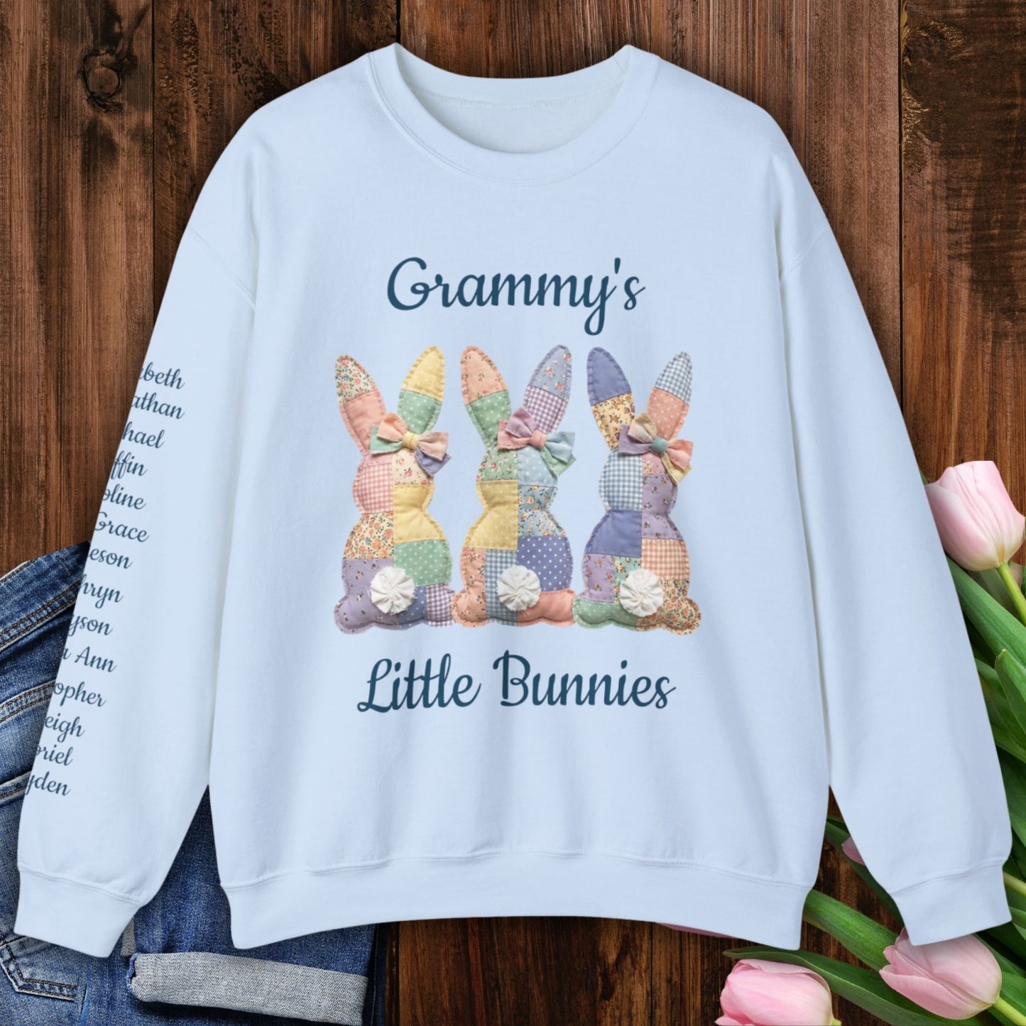 PERSONALIZE "Grandma's Little Bunnies" Pastel Faux Patchwork Easter Sweatshirt