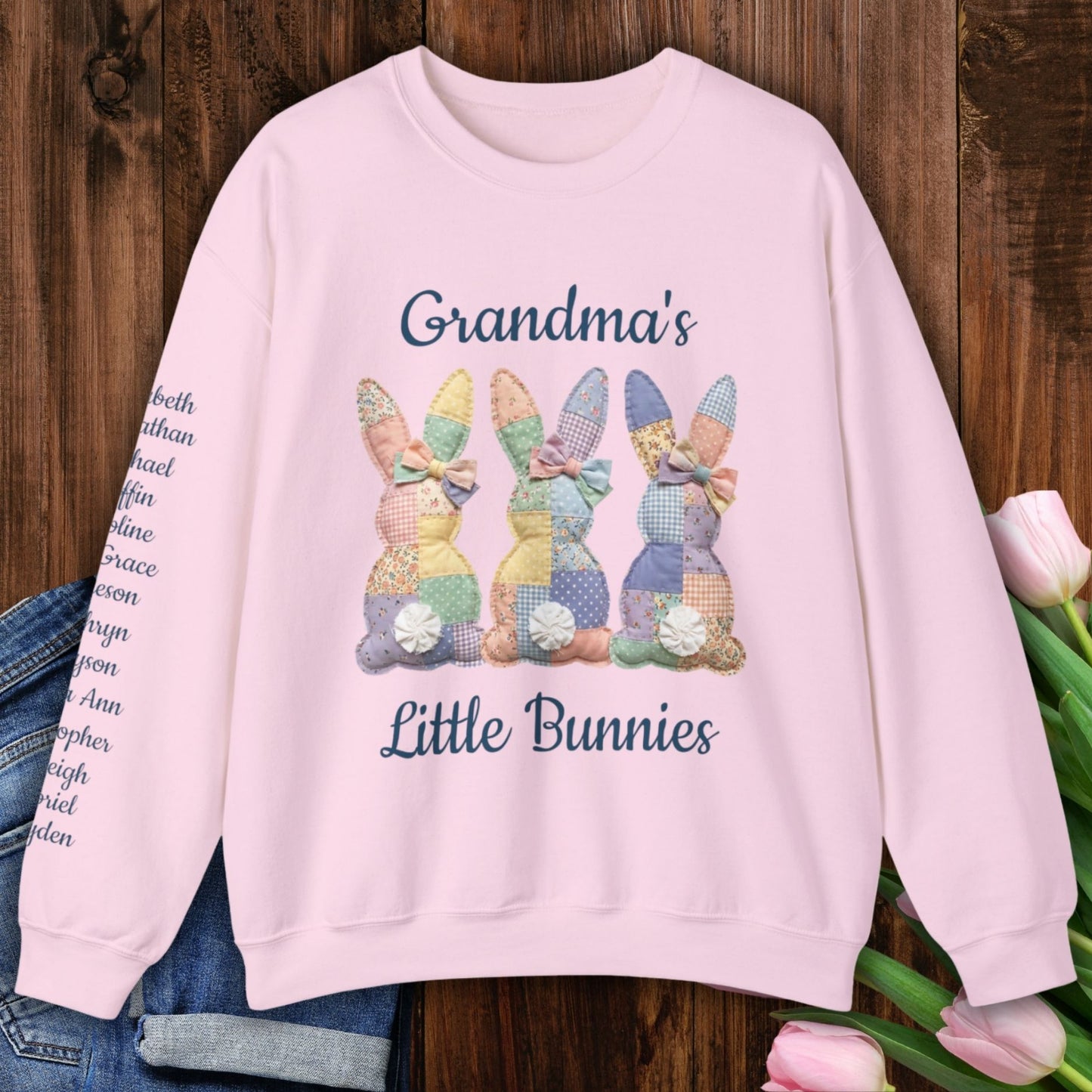 PERSONALIZE "Grandma's Little Bunnies" Pastel Faux Patchwork Easter Sweatshirt