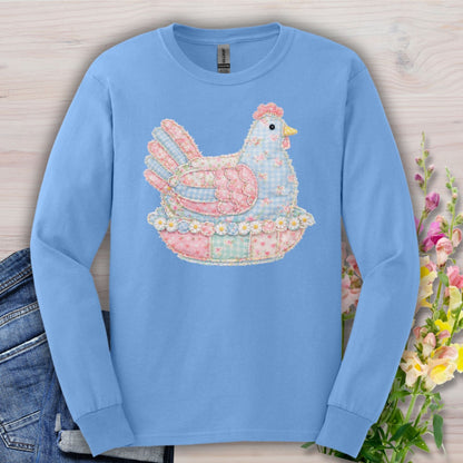 Carolina Blue long sleeve tee with a pastel faux patchwork hen design.