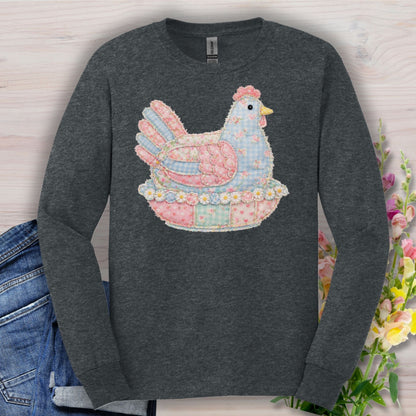 Dark Heather long sleeve tee with a pastel faux patchwork hen in a nest of flowers.