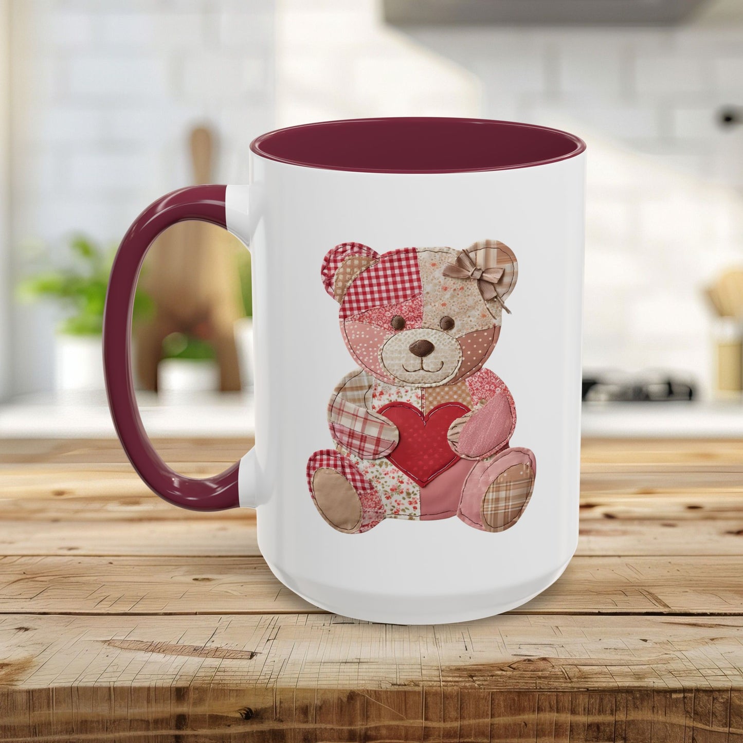 Patchwork Valentine Teddy Bear Heart Mug (11oz/15oz)