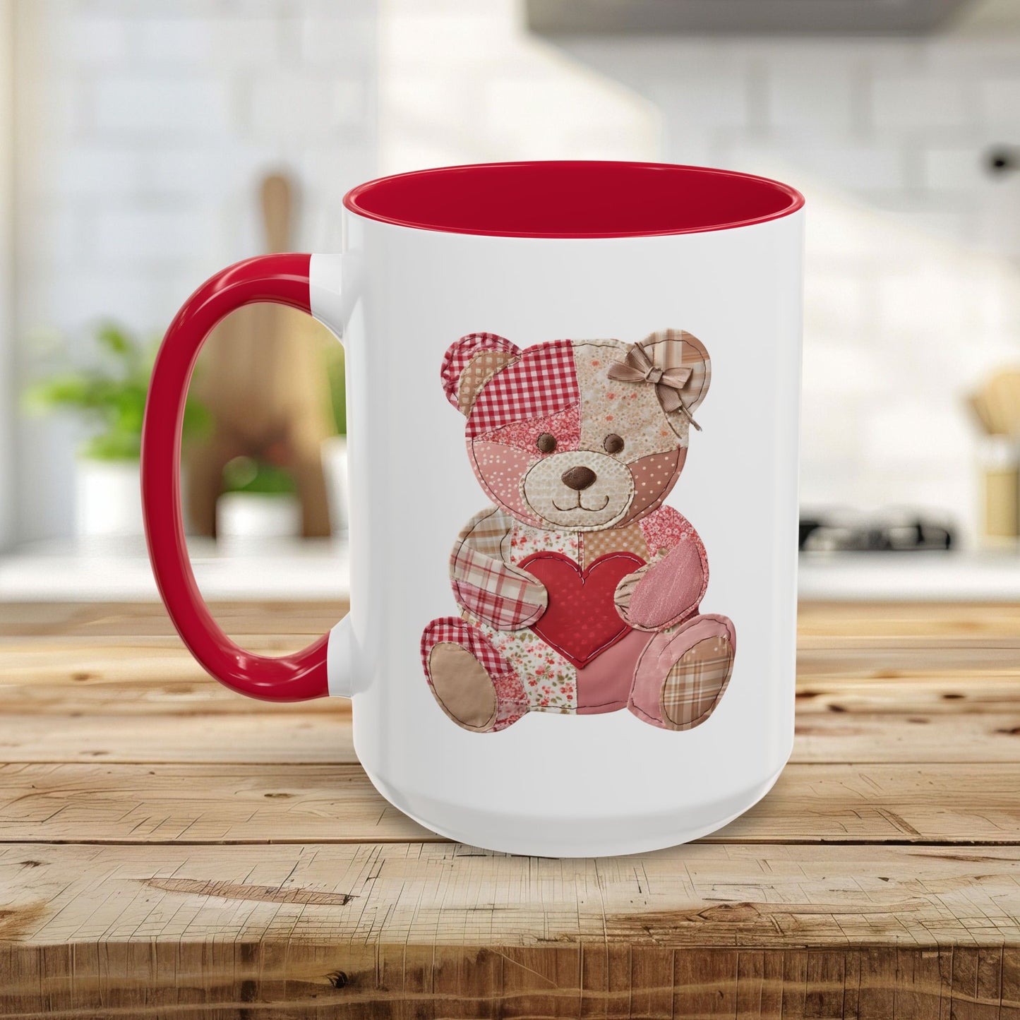 Patchwork Valentine Teddy Bear Heart Mug (11oz/15oz)