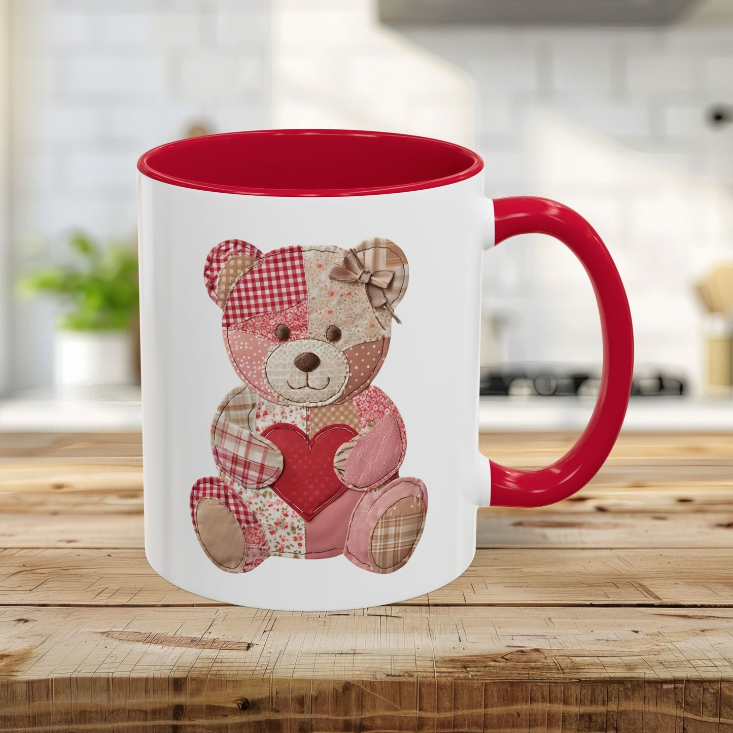 Patchwork Valentine Teddy Bear Heart Mug (11oz/15oz)