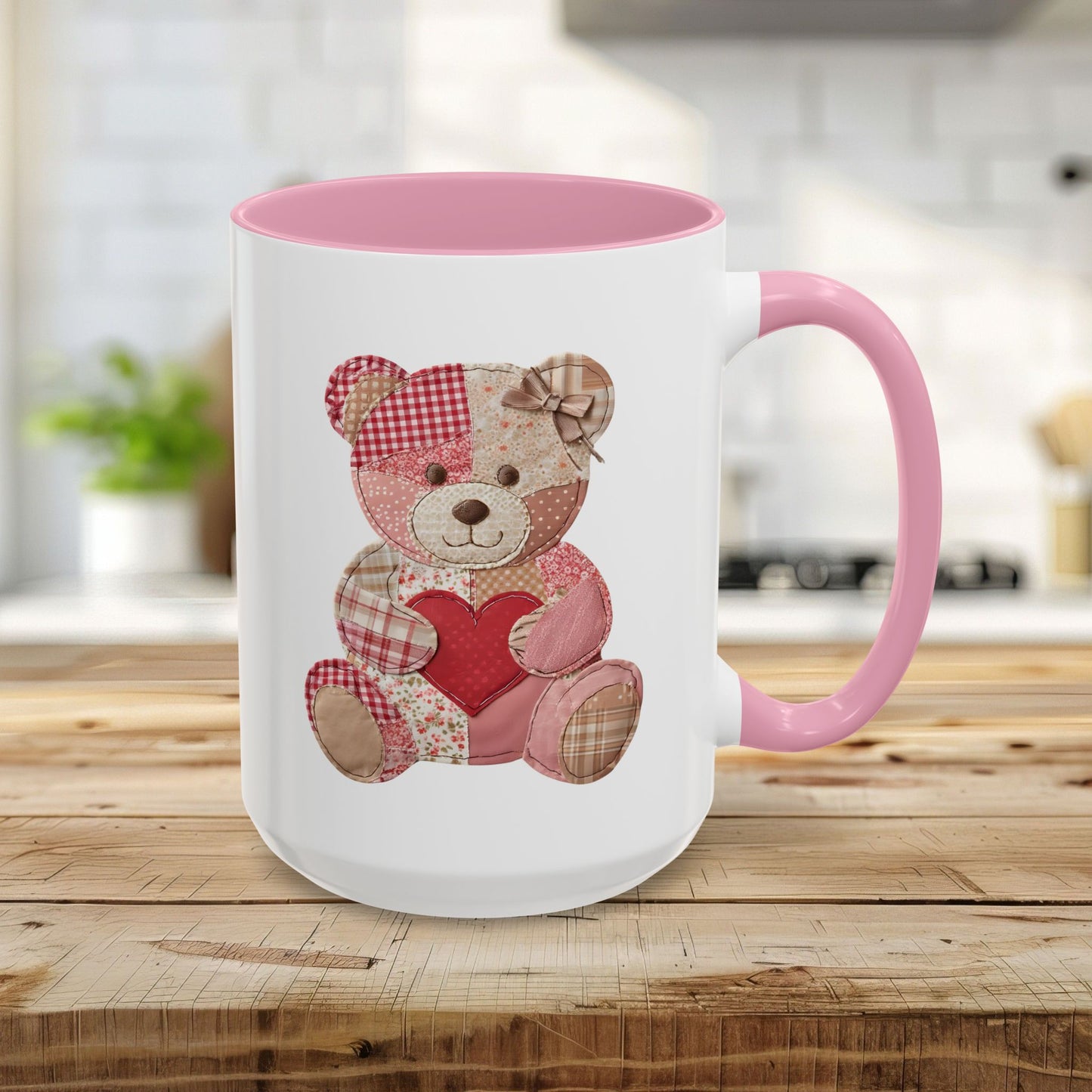 Patchwork Valentine Teddy Bear Heart Mug (11oz/15oz)