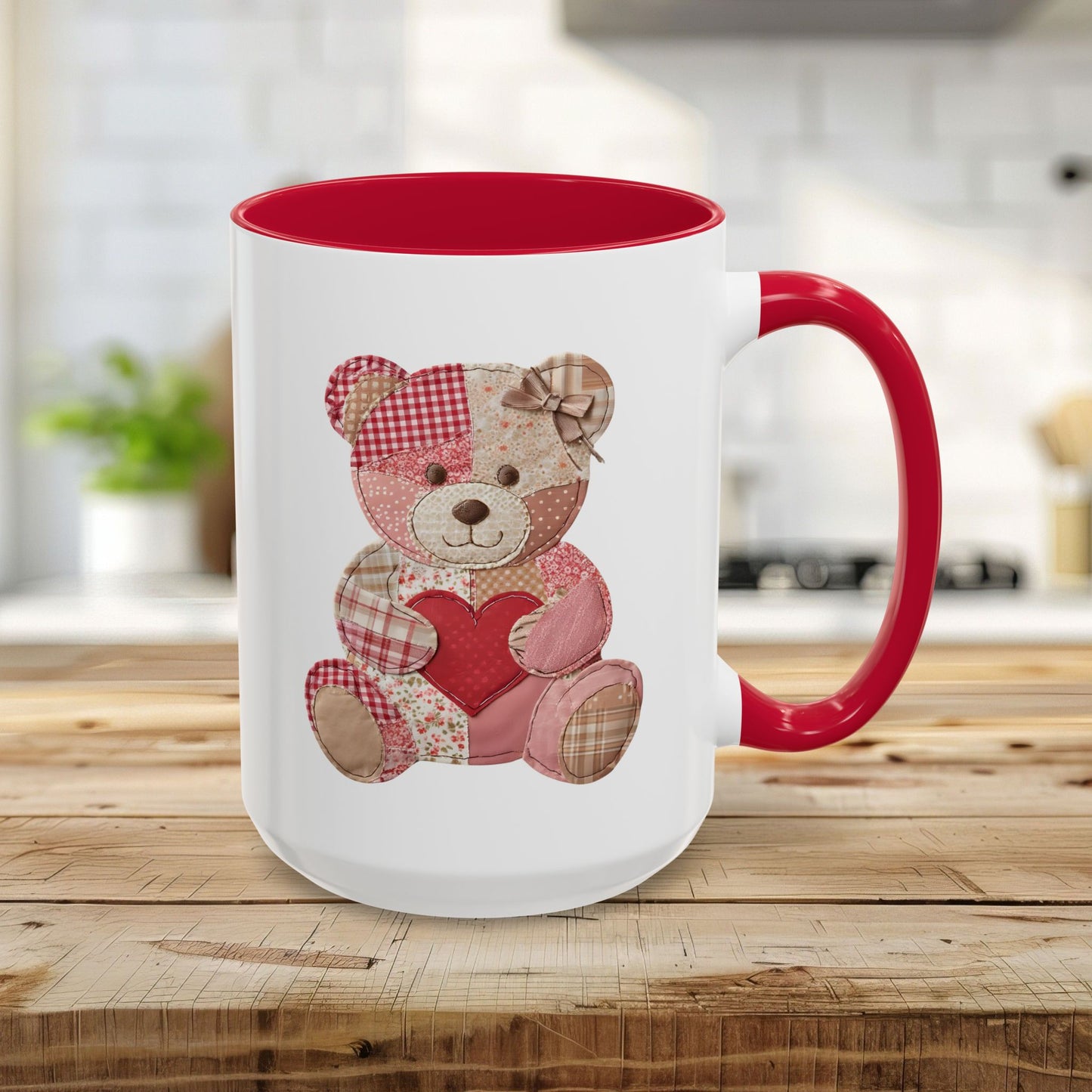 Patchwork Valentine Teddy Bear Heart Mug (11oz/15oz)