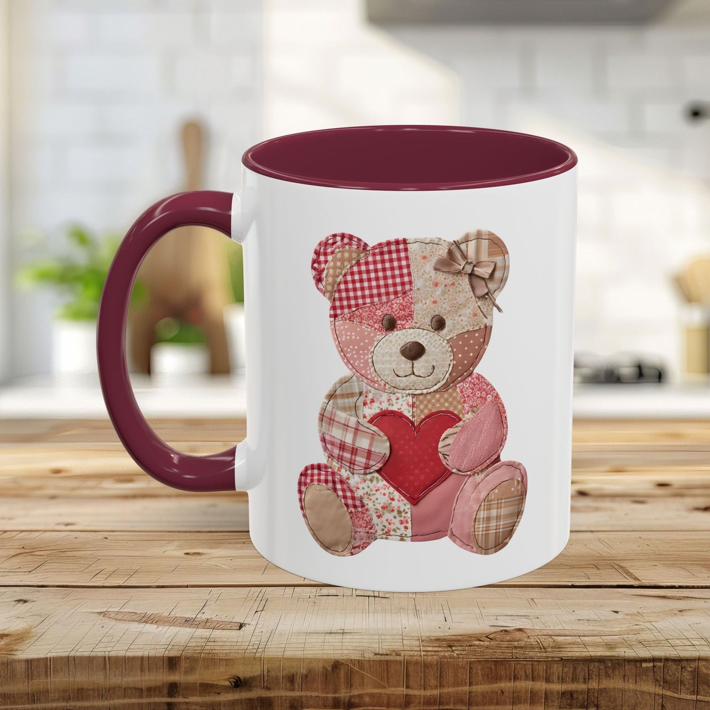 Patchwork Valentine Teddy Bear Heart Mug (11oz/15oz)