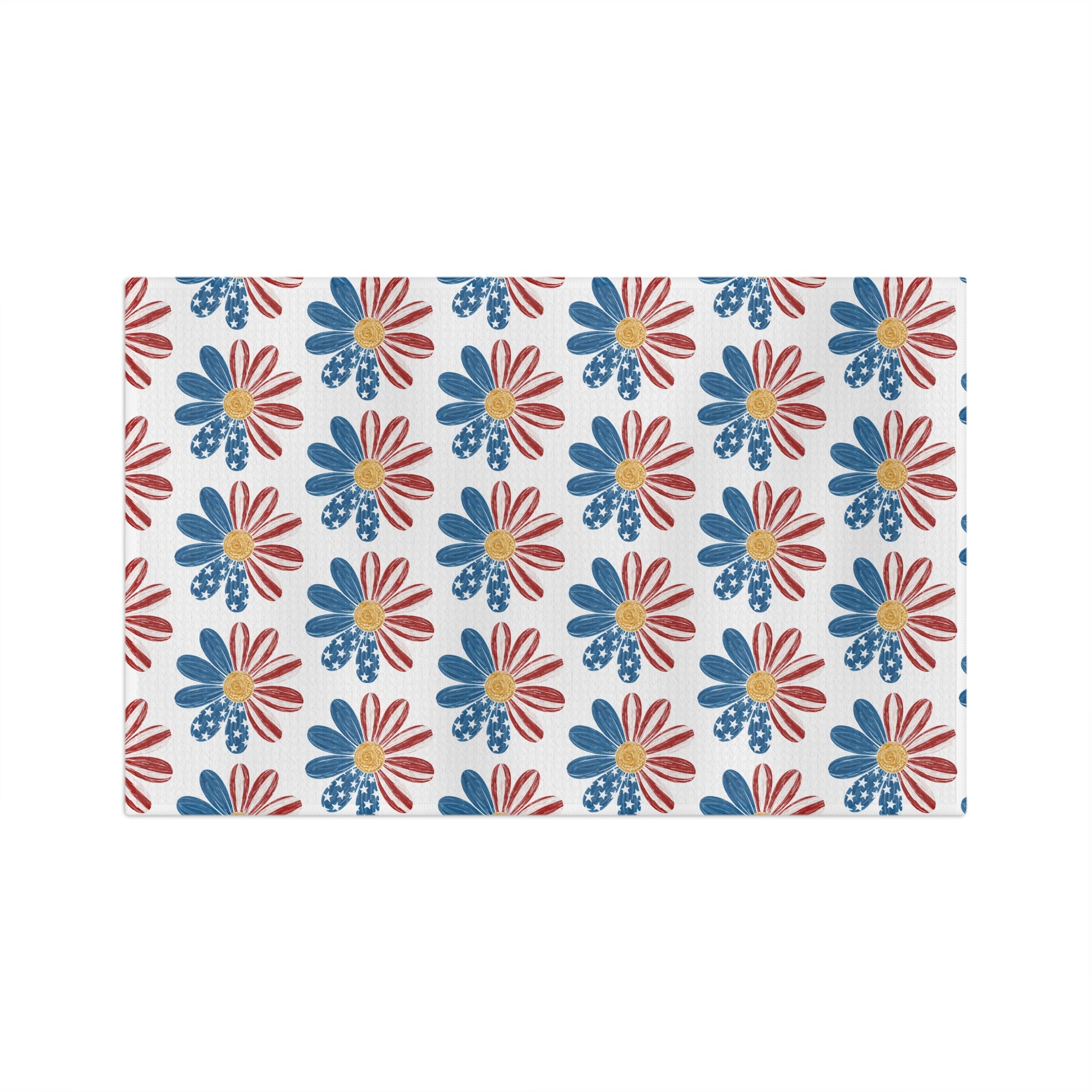Patriotic American flag daisy pattern tea towel, red, white, and blue floral design on microfiber.