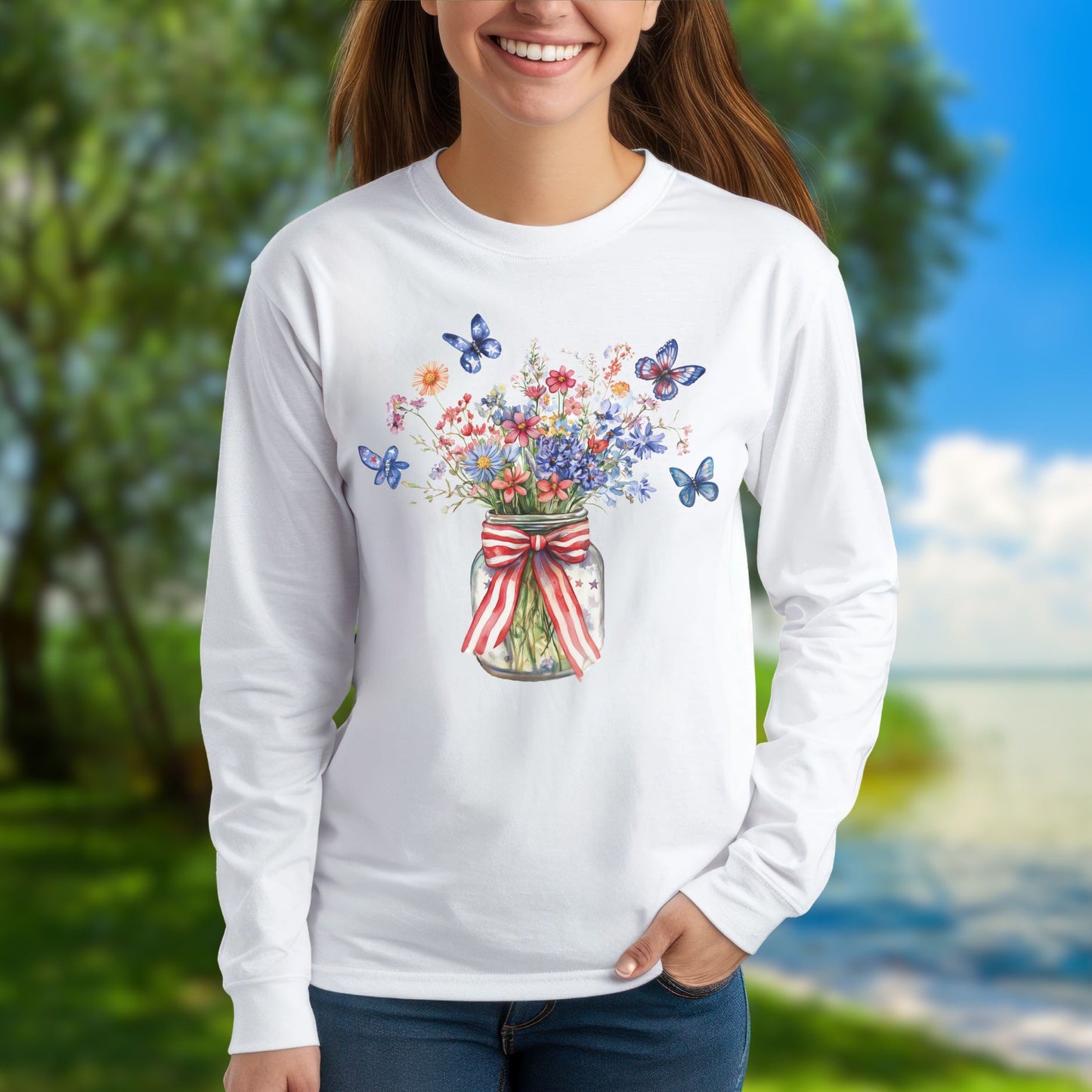 Patriotic Blooms & Butterflies Long Sleeve Tee