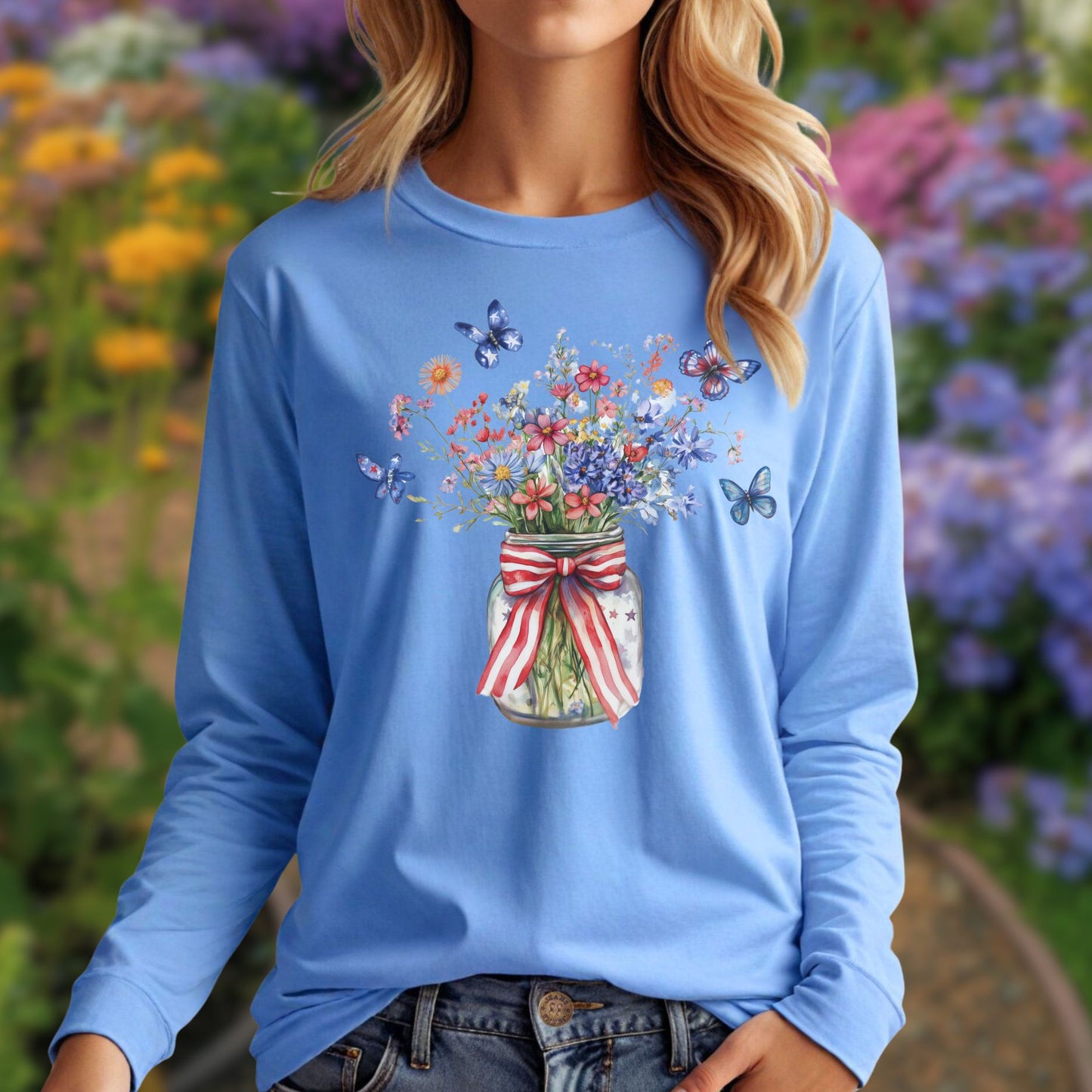 Patriotic Blooms & Butterflies Long Sleeve Tee