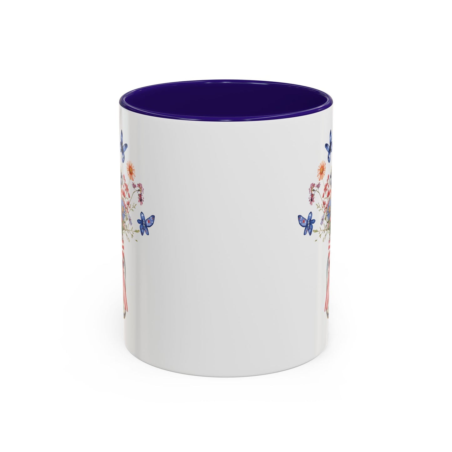 White ceramic mug with a purple interior and handle, featuring a watercolor mason jar bouquet and butterflies.
