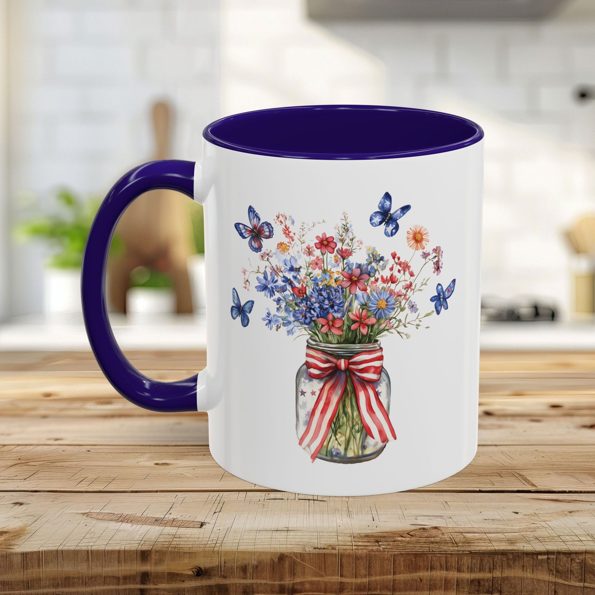 White ceramic mug with purple interior and handle, featuring a watercolor mason jar bouquet with patriotic flowers and butterflies.