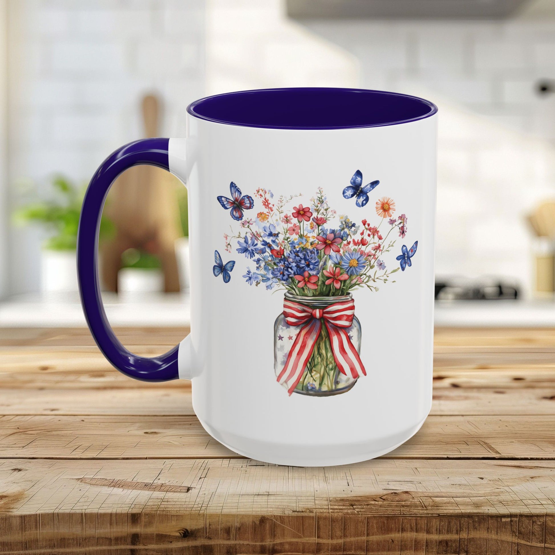 White ceramic mug with a purple interior and handle, featuring a watercolor mason jar bouquet with butterflies.