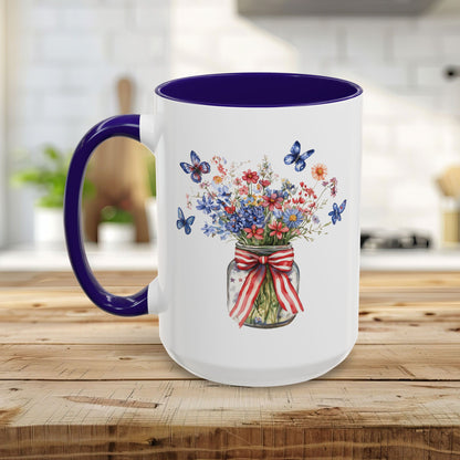 White ceramic mug with a purple interior and handle, featuring a watercolor mason jar bouquet with butterflies.