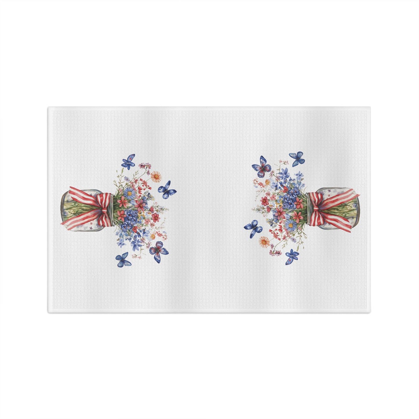 White microfiber tea towel with watercolor bouquets in mason jars tied with striped ribbons and blue butterflies.