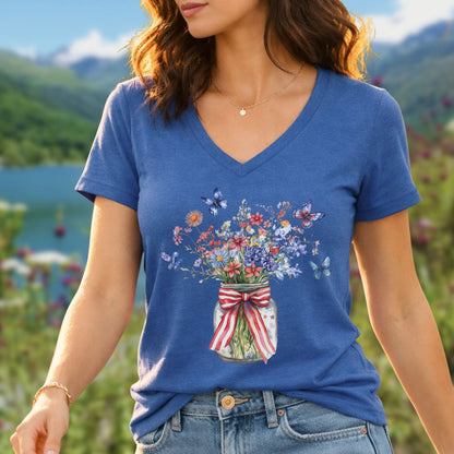 Patriotic Blooms & Butterfllies V-Neck Tee