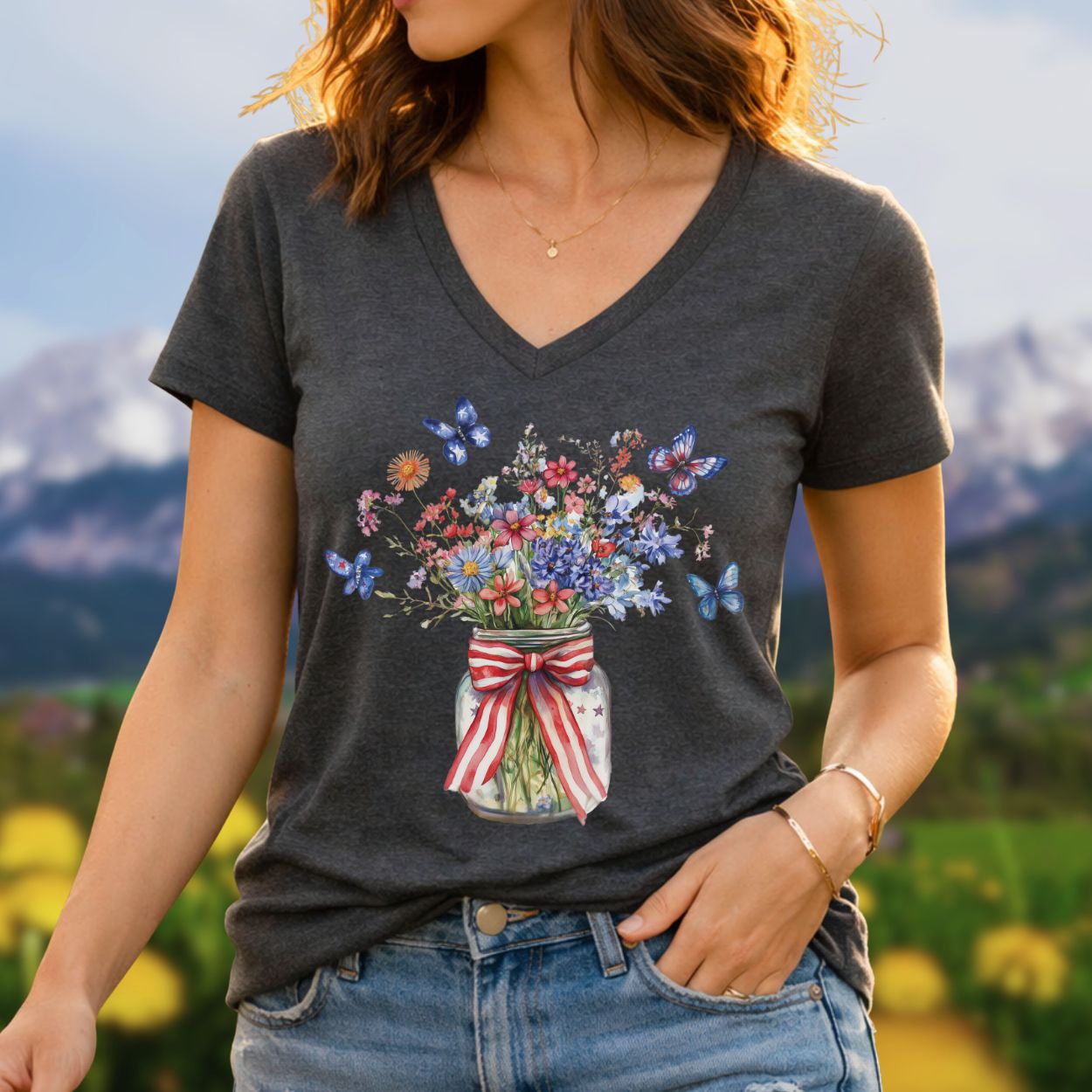 Patriotic Blooms & Butterfllies V-Neck Tee