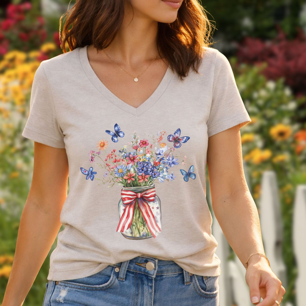 Patriotic Blooms & Butterfllies V-Neck Tee