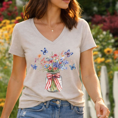 Patriotic Blooms & Butterfllies V-Neck Tee