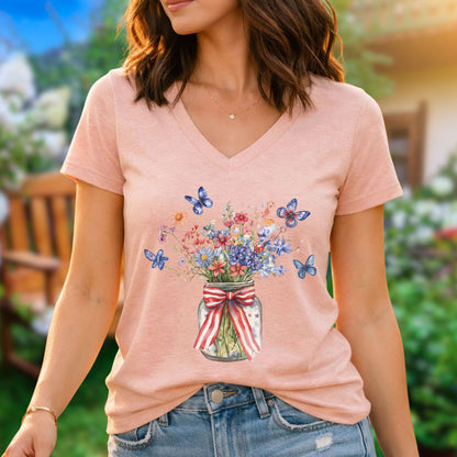 Patriotic Blooms & Butterfllies V-Neck Tee